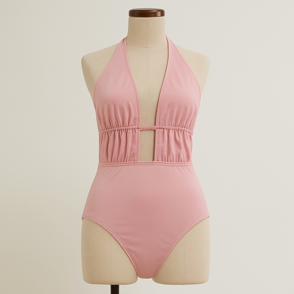 Trikini Ruched Halter One Piece Lilac Pink Swimsuit Tie Back Beachsissi Size S - Picture 1 of 8